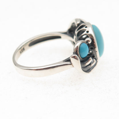 925 Sterling Silver Real Sleeping Beauty Turquoise Floral Oxidized Ring Size 8
