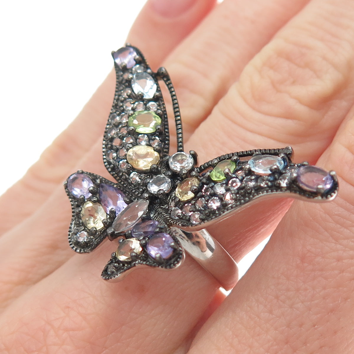 925 Sterling Silver Black Rhodium Real Multi-Color Gem Butterfly Ring Size 6.25