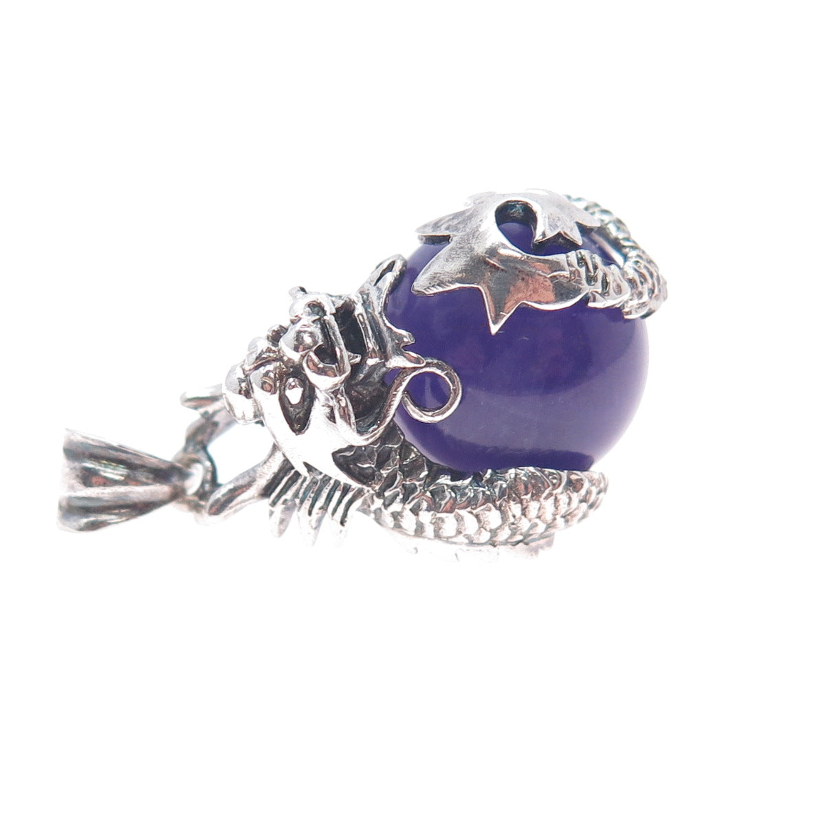 925 Sterling Silver Vintage Real Amethist Chinese Dragon Charm Pendant