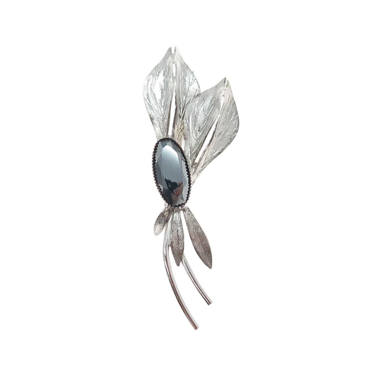 CURTIS CREATIONS 925 Sterling Silver Antique Real Hematite Flora Leaf Pin Brooch