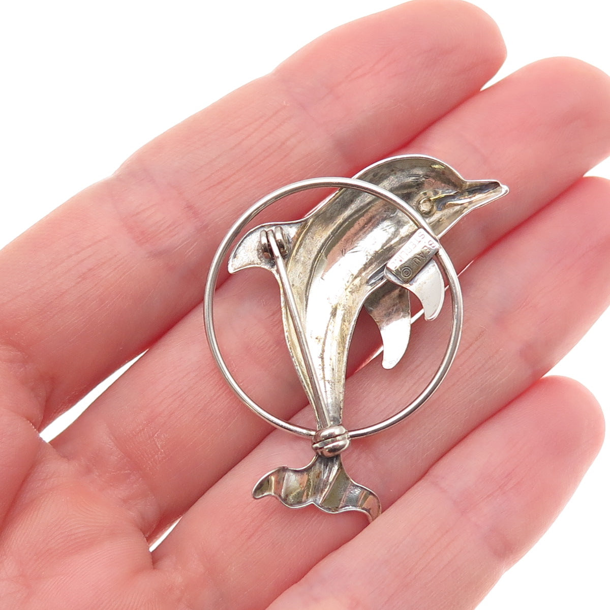 Beau 925 Sterling Silver Vintage Dolphin Oxidized Pin Brooch