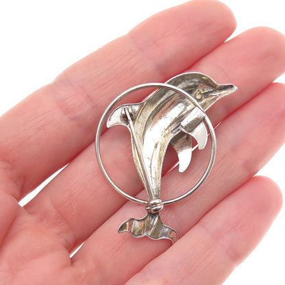 Beau 925 Sterling Silver Vintage Dolphin Oxidized Pin Brooch