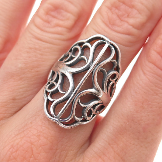 925 Sterling Silver Vintage Floral Scroll Oxidized Ring Size 6.25