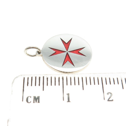 925 Sterling Silver Red Enamel Maltese Cross Round Tag Minimalist Charm Pendant