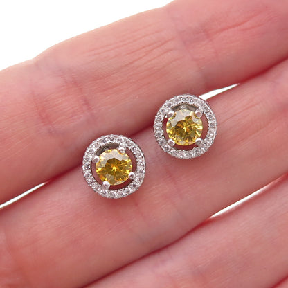 925 Sterling Silver Round-Cut Canary & White C Z Stud Earrings