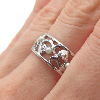 LENOX 925 Sterling Silver Real Diamond & Pearl Floral Scroll Band Ring Size 9.25