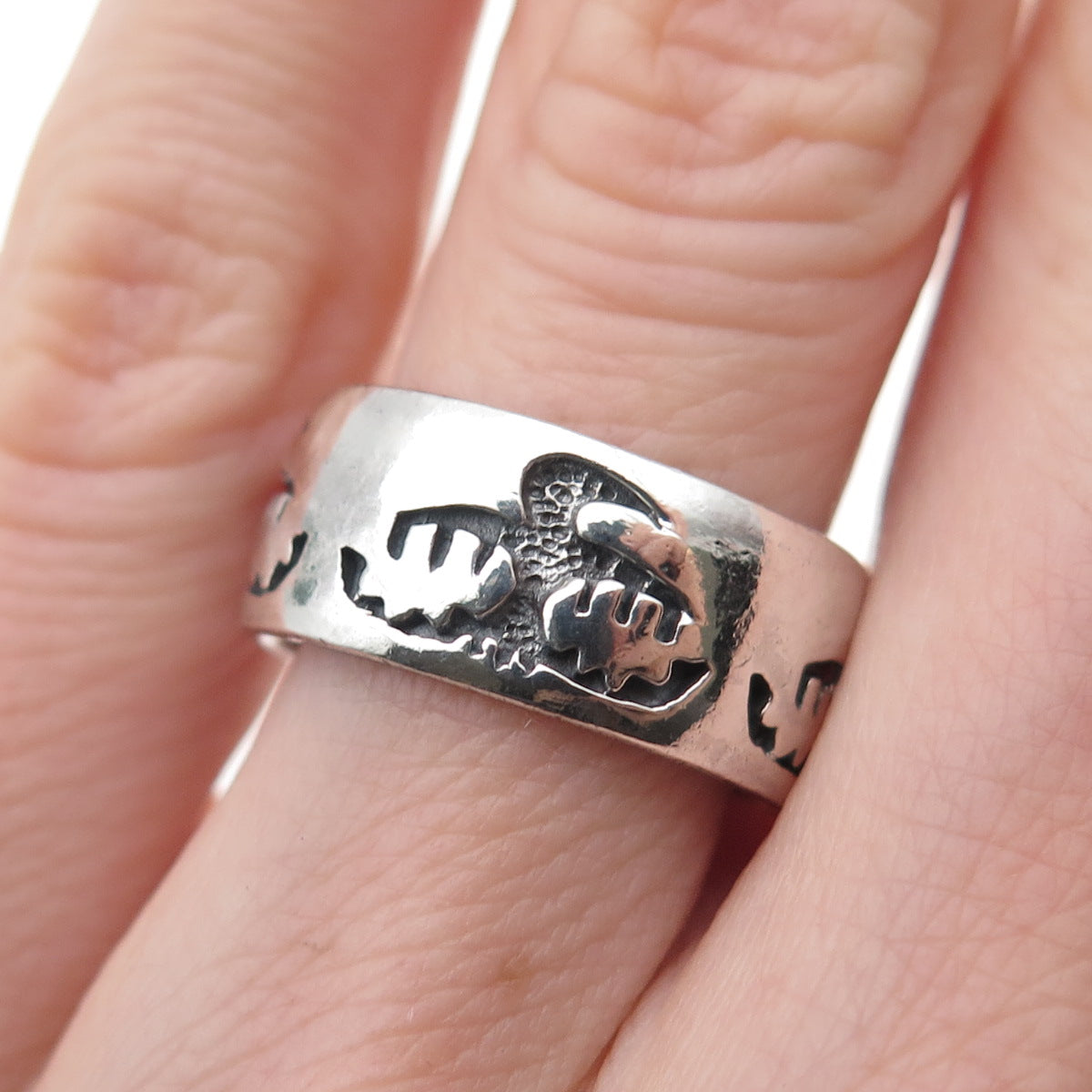 Peter Stone 925 Sterling Silver Vintage Tribal Bird Oxidized Band Ring Size 6.5