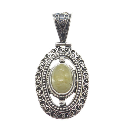 925 Sterling Silver Vintage Real Rutilated Quartz Boho Ornate Pendant