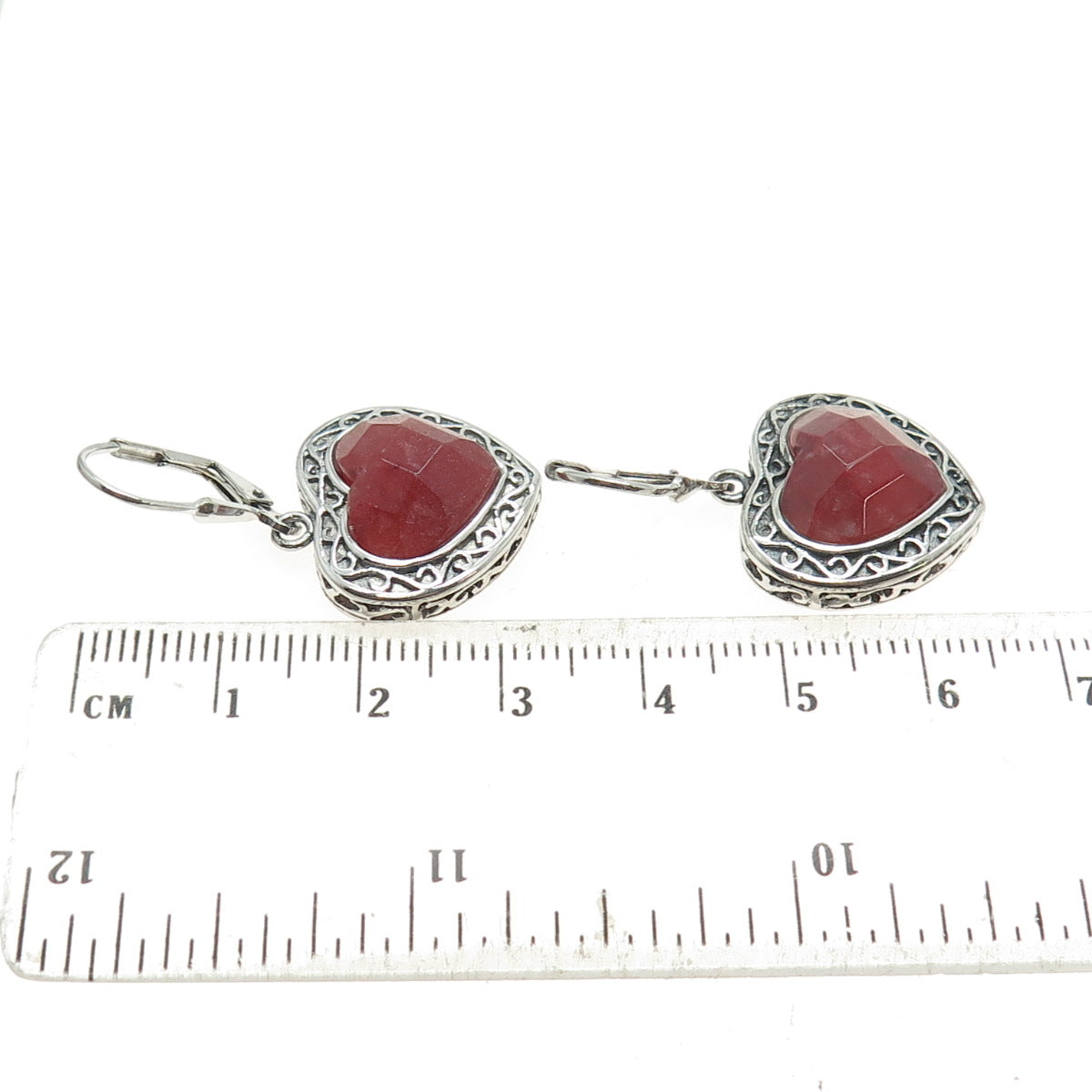 925 Sterling Silver Vintage Real Heart-Cut Ruby Ornate Dangle Earrings