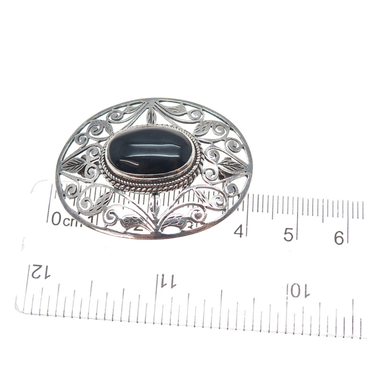 925 Sterling Silver Vintage Real Black Onyx Modernist Floral Oxidized Pin Brooch