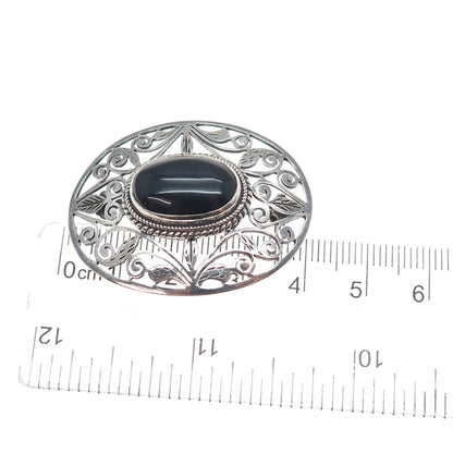 925 Sterling Silver Vintage Real Black Onyx Modernist Floral Oxidized Pin Brooch