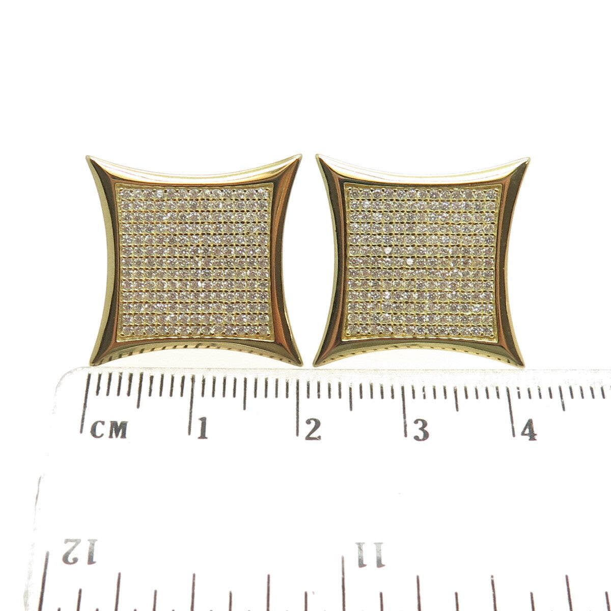 925 Sterling Silver Gold Plated Pave C Z Square Earrings