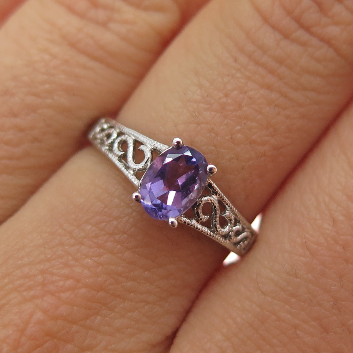 CHUCK CLEMENCY 925 Sterling Silver Vintage Real Oval-Cut Amethyst Ring Size 7.25