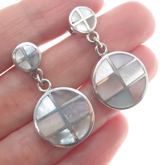 925 Sterling Silver Vintage Multi-Color Mother-of-Pearl Round Dangle Earrings