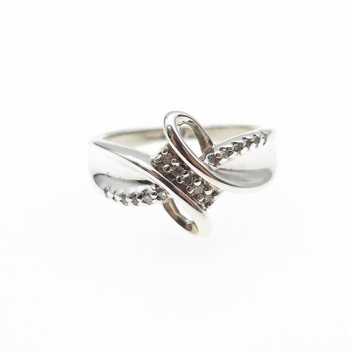 SUN 925 Sterling Silver Real Round-Cut Diamond Bypass Ring Size 7