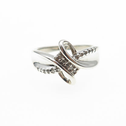 SUN 925 Sterling Silver Real Round-Cut Diamond Bypass Ring Size 7