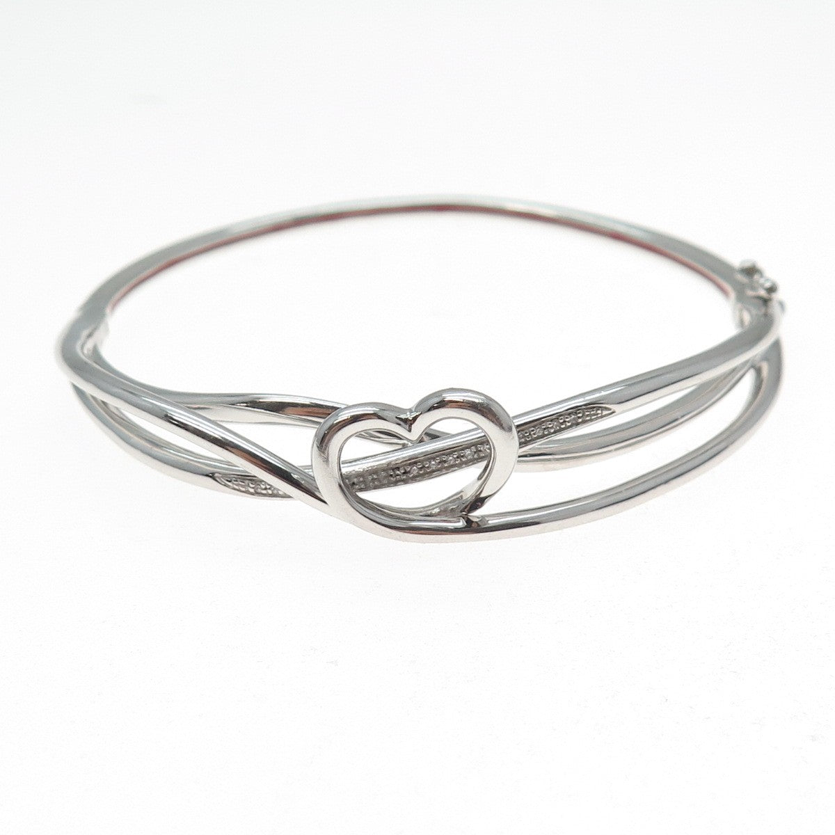 SAI 925 Sterling Silver Round-Cut C Z Heart Crisscross Bangle Bracelet 7"