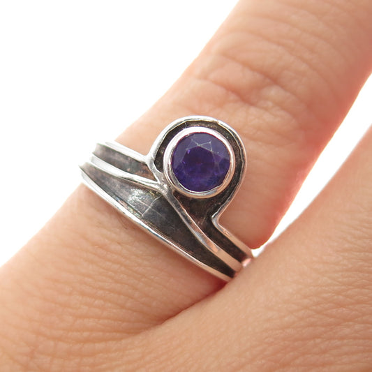925 Sterling Silver Vintage Real Amethyst Modernist Oxidized Ring Size 5