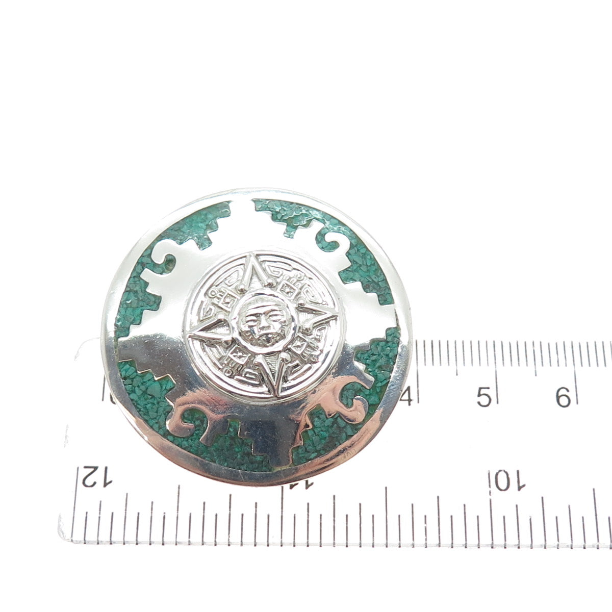 925 Sterling Silver Vintage Mexico Real Turquoise Inlay Mayan Sun Brooch Pendant