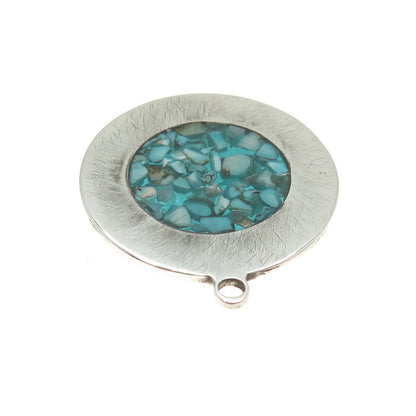 925 Sterling Silver Vintage Real Turquoise Inlay Round Pendant