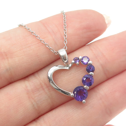 925 Sterling Silver Italy Real Amethyst Gem Open Heart Rolo Chain Necklace 18"