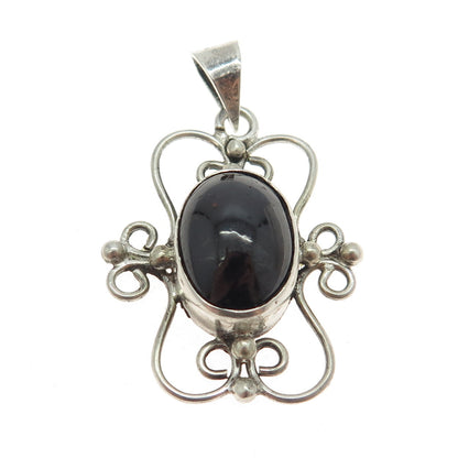 925 Sterling Silver Vintage Real Red Garnet Gemstone Ornate Cross Pendant