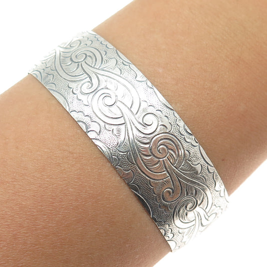 925 Sterling Silver Vintage Engraved Floral Adjustable Cuff Bracelet 6.5"