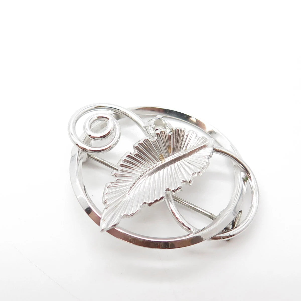 925 Sterling Silver Antique Art Deco Dixell Rhinestone Leaf Pin Brooch