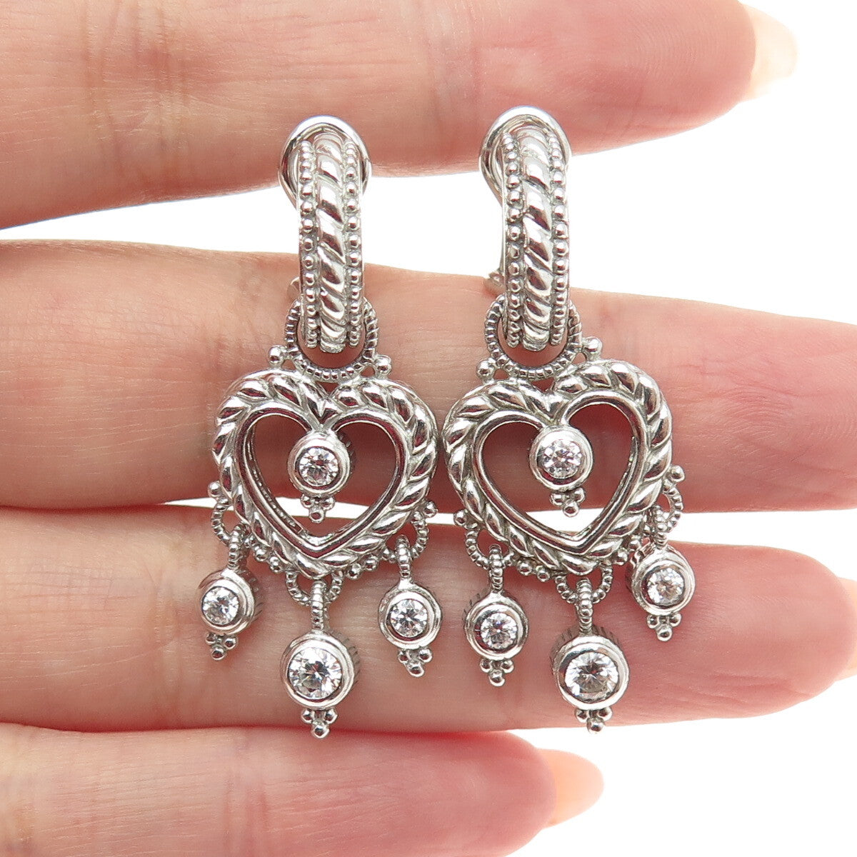 JUDITH RIPKA 925 Sterling Silver Round-Cut Shaped C Z Heart Boho Dangle Earrings