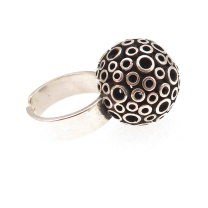 925 Sterling Silver Vintage Modernist Ball Oxidized Adjustable Ring Size 5.25