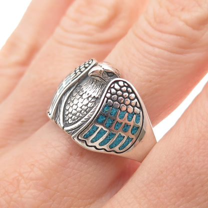 Silver Fox Old Pawn 925 Sterling Vintage Turquoise Inlay Eagle Ring Size 13