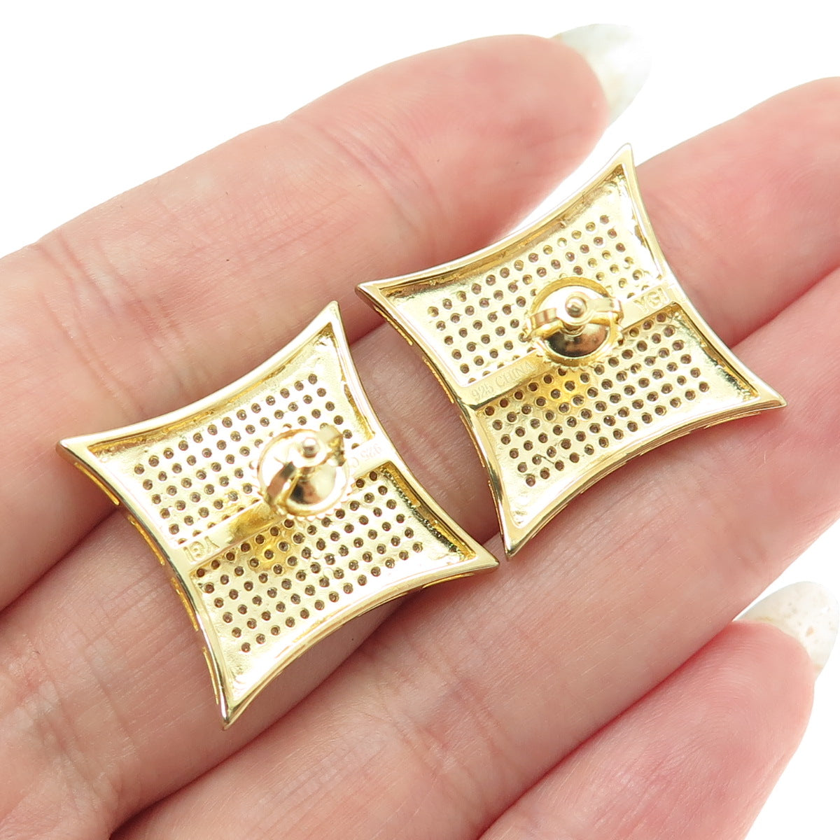 925 Sterling Silver Gold Plated Pave C Z Square Earrings