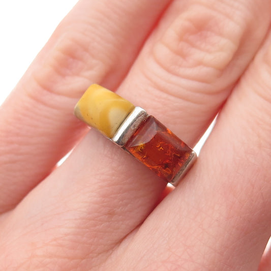 925 Sterling Silver Vintage Real Butterscotch & Baltic Amber Ring Size 5