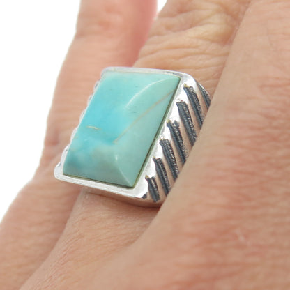 925 Sterling Silver Vintage Real Turquoise Ribbed Statement Ring Size 6.75