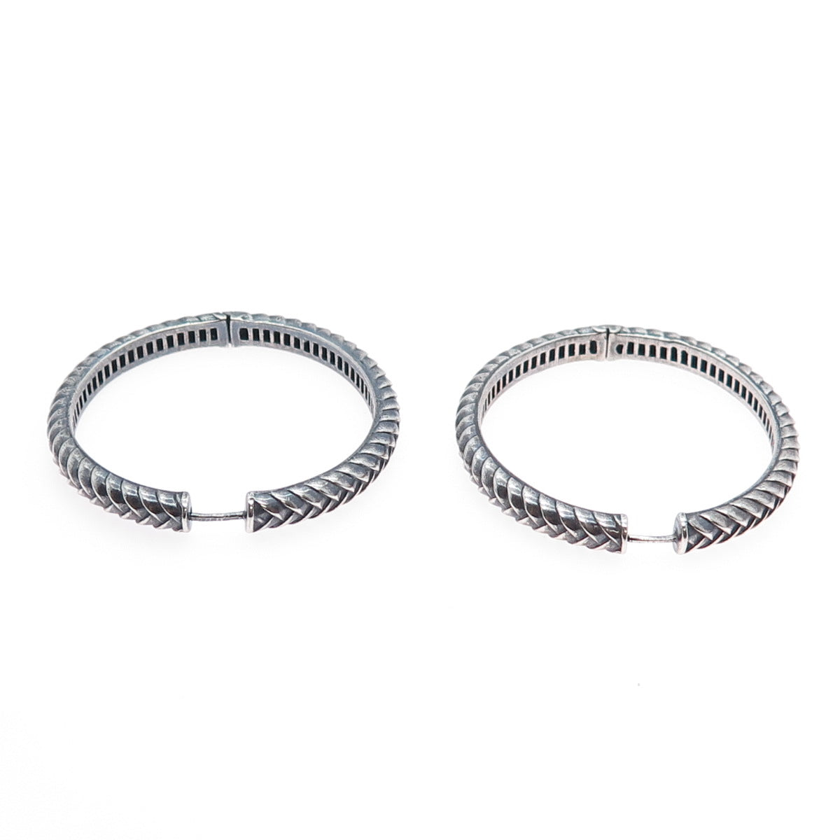 925 Sterling Silver Vintage Modernist Wheat Link Oxidized Hoop Earrings