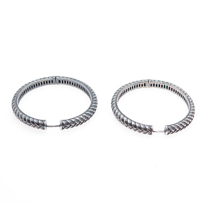 925 Sterling Silver Vintage Modernist Wheat Link Oxidized Hoop Earrings