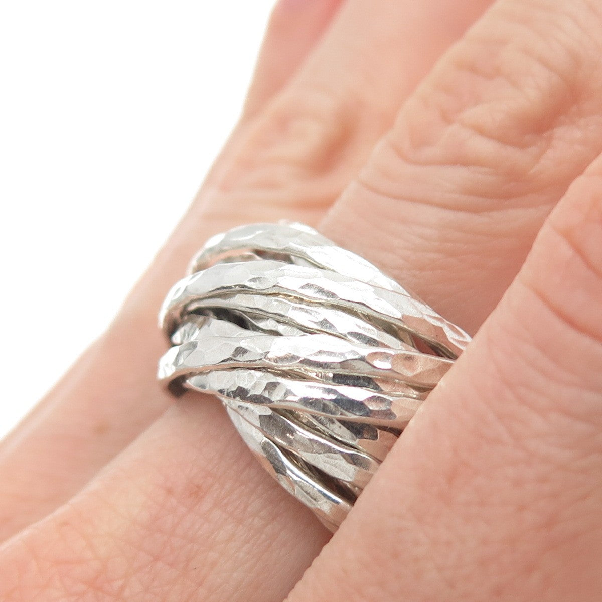 925 Sterling Silver Vintage Interlocked Hammered Multi-Band Ring Size 9.25