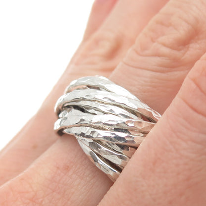 925 Sterling Silver Vintage Interlocked Hammered Multi-Band Ring Size 9.25