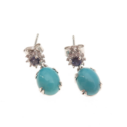 925 Sterling Silver Real Turquoise Tanzanite & White Topaz Dangle Earrings