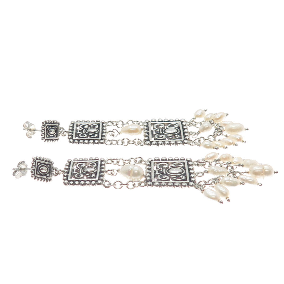 925 Sterling Silver Vintage Real Pearl Ethnic / Boho Dangling Earrings