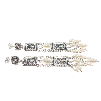 925 Sterling Silver Vintage Real Pearl Ethnic / Boho Dangling Earrings