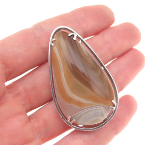 930 Silver Vintage Israel Real Agate Modernist Oxidized Pin Brooch / Pendant
