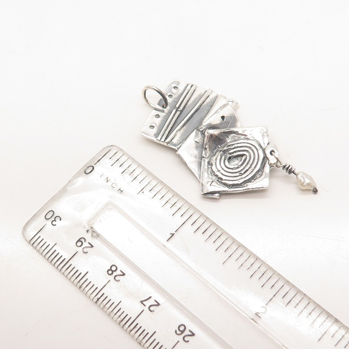 925 Sterling Silver Vintage Real Pearl Fingerprint Modernist Pendant