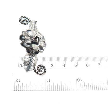 925 Sterling Silver Antique Art Deco Peony Flower Oxidized Pin Brooch