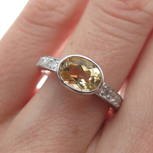 925 Sterling Silver Real Round-Cut Diamond & Oval-Cut Citrine Ring Size 7.25