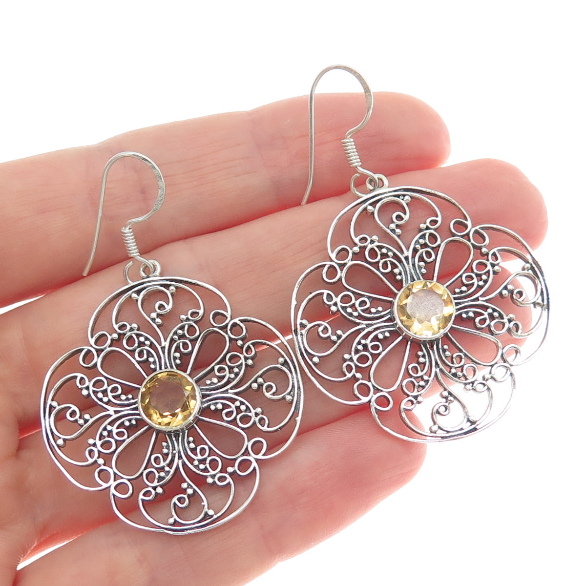 925 Sterling Silver Vintage Real Yellow Topaz Ornate Flower Dangle Earrings