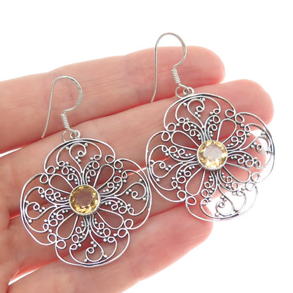 925 Sterling Silver Vintage Real Yellow Topaz Ornate Flower Dangle Earrings