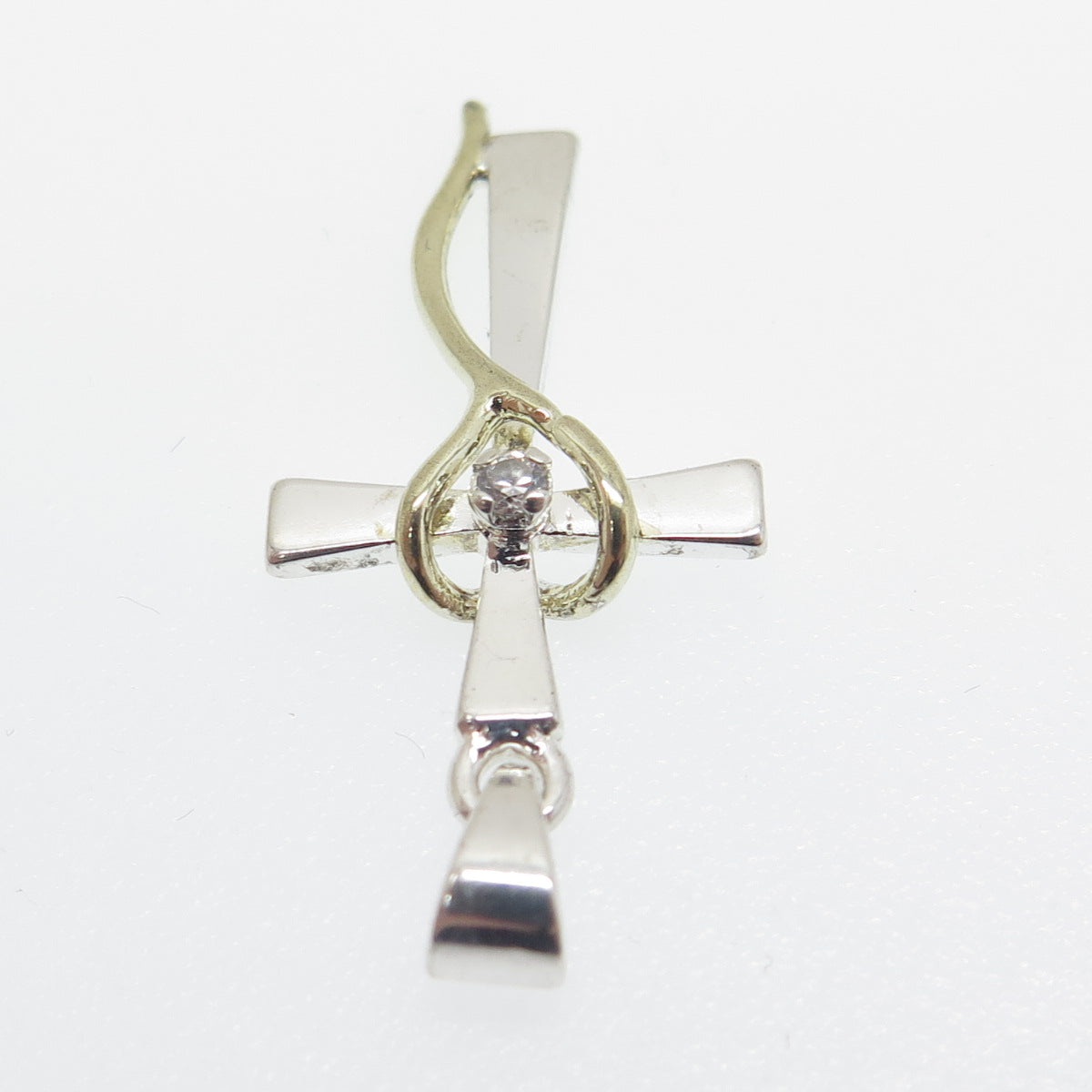 925 Sterling Silver 2-Tone Round-Cut C Z Heart Cross Pendant