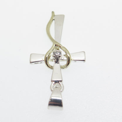 925 Sterling Silver 2-Tone Round-Cut C Z Heart Cross Pendant