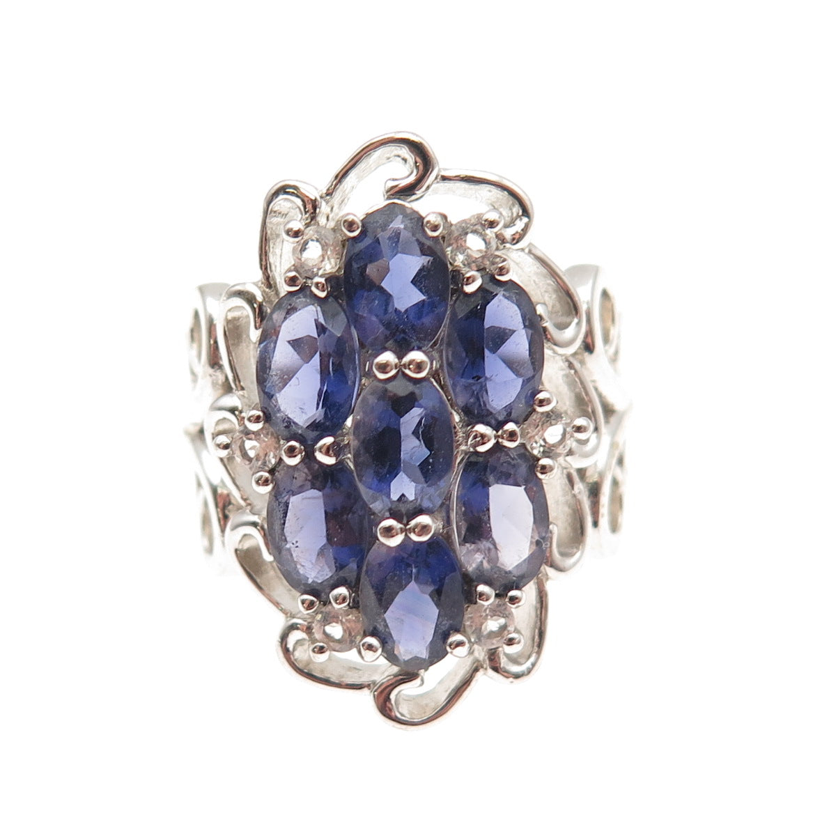 925 Sterling Silver Real Iolite & White Topaz Cluster Ring Size 6